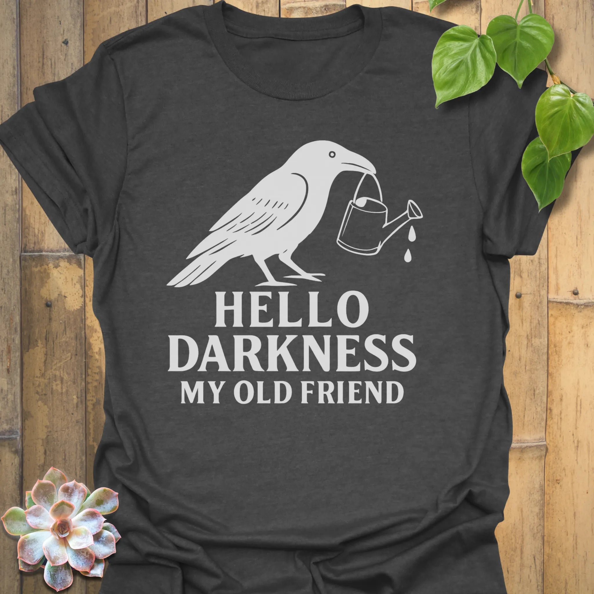 Dark Heather t-shirt featuring the design Hello Darkness printed in bold white letters, halloween lover graphic shirt.