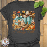 Dark Heather t-shirt featuring the design Howdy Fall printed in brown letters, cute fall aesthetic shirt.