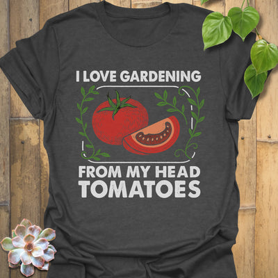 Dark Heather t-shirt featuring the design I Love Gardening printed in bold white letters, garden lover t-shirt.