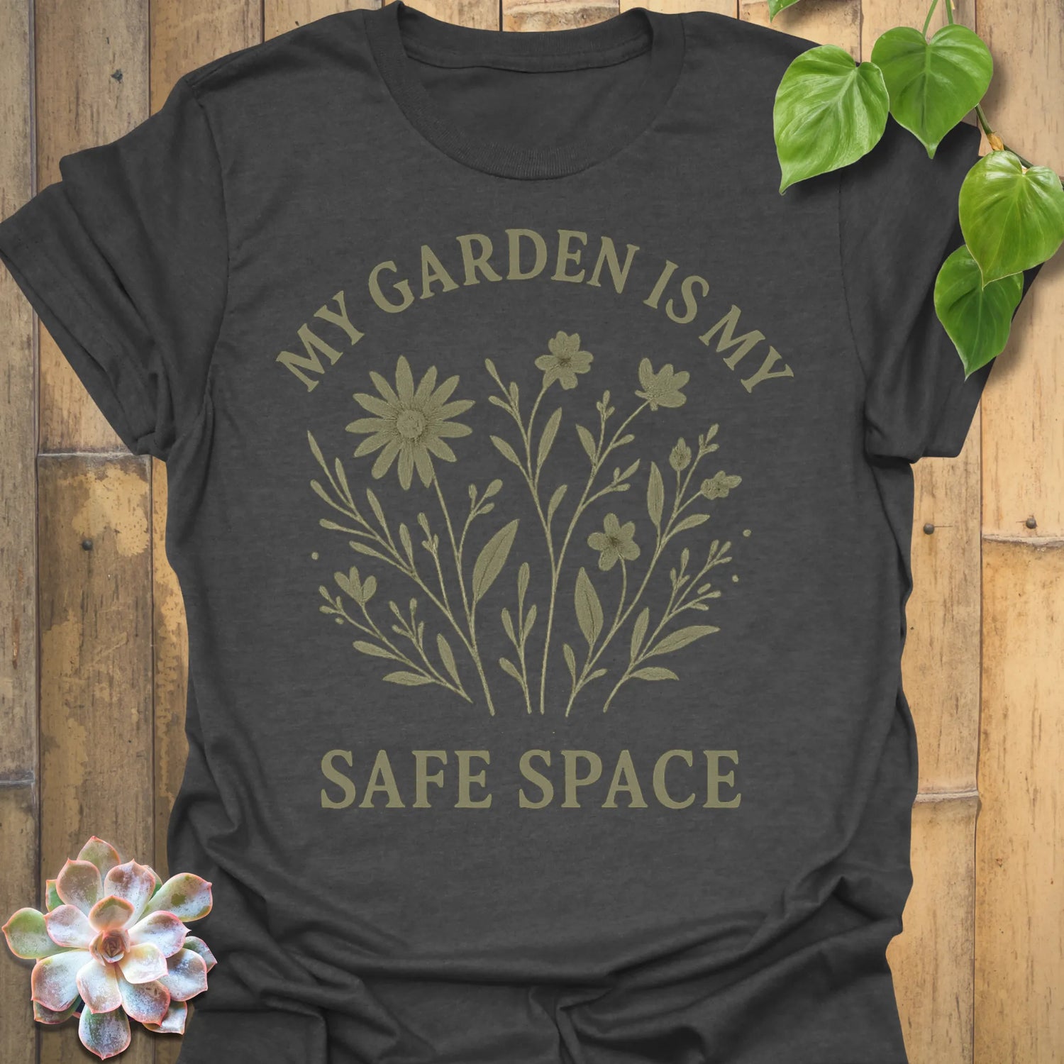 Dark Heather t-shirt featuring the design My Safe Place printed in bold letters, warm tone mindfulness shirt.