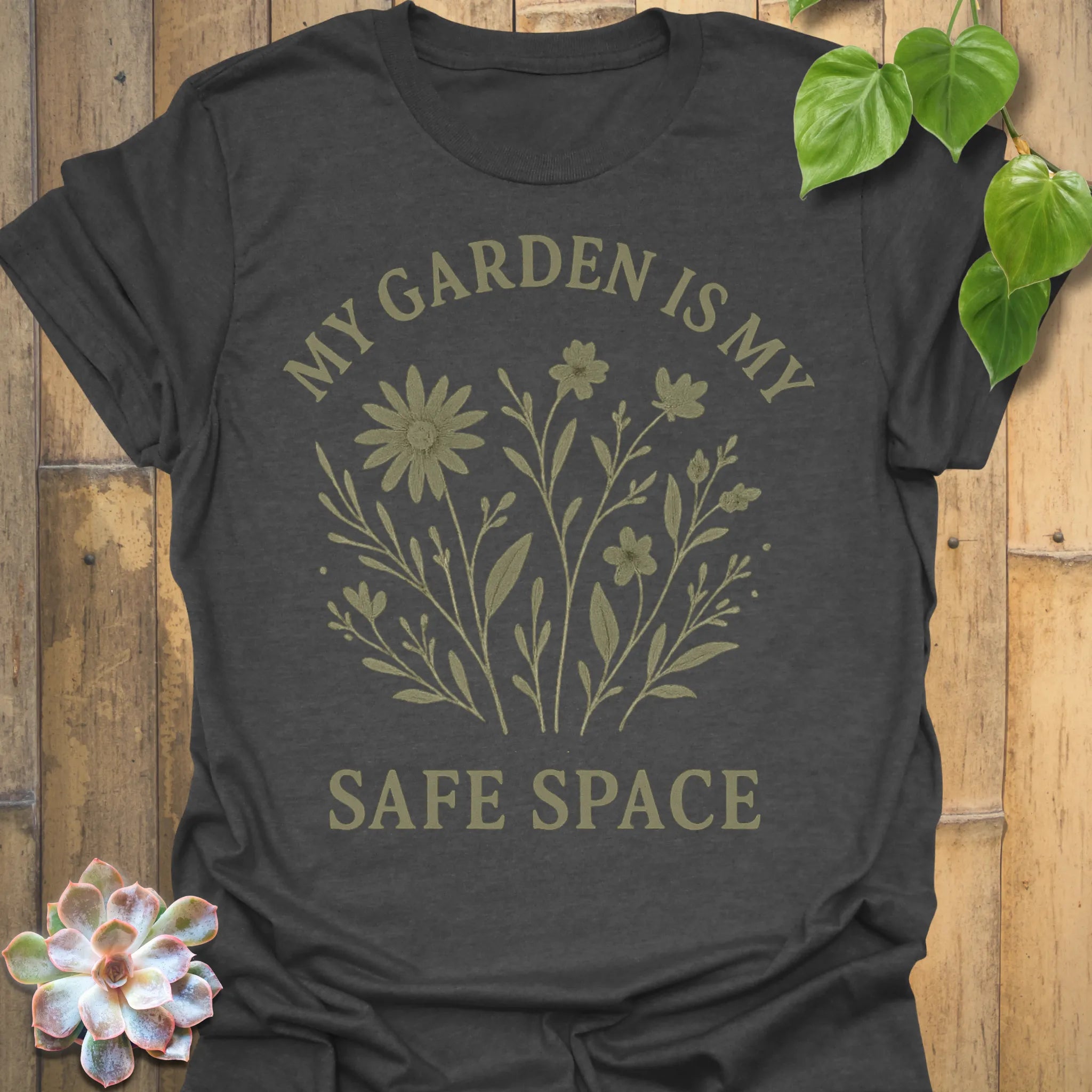 Dark Heather t-shirt featuring the design My Safe Place printed in bold letters, warm tone mindfulness shirt.