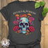 Dark Heather t-shirt featuring the design Petals & Poison printed in bold letters, gothic floral shirt.