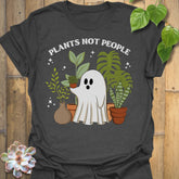 Dark Heather t-shirt featuring the design Plants Not People printed in bold white letters, halloween plant lover graphic tee.
