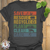 Dark Heather t-shirt featuring the design Save, Rescue printed in bold colorful letters, plants, nature, animal lover tee.