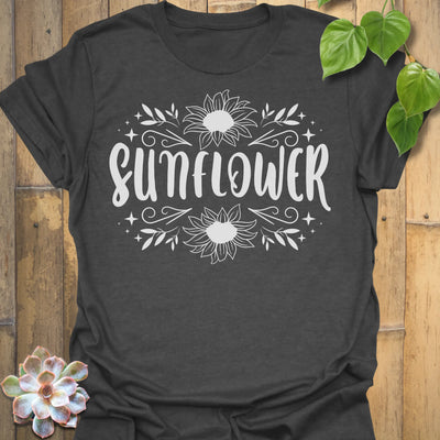 Dark Heather t-shirt featuring the design Sunflower printed inbold white, sunflower floral graphic tee.