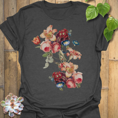 Dark Heather t-shirt featuring the design Victorian Bloom printed in elegant floral artwork, vintage flower shirt.