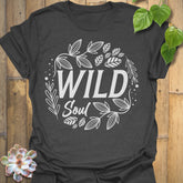 Dark Heather t-shirt featuring the design Wild Soul printed in bold white letters, nature-inspired shirt.
