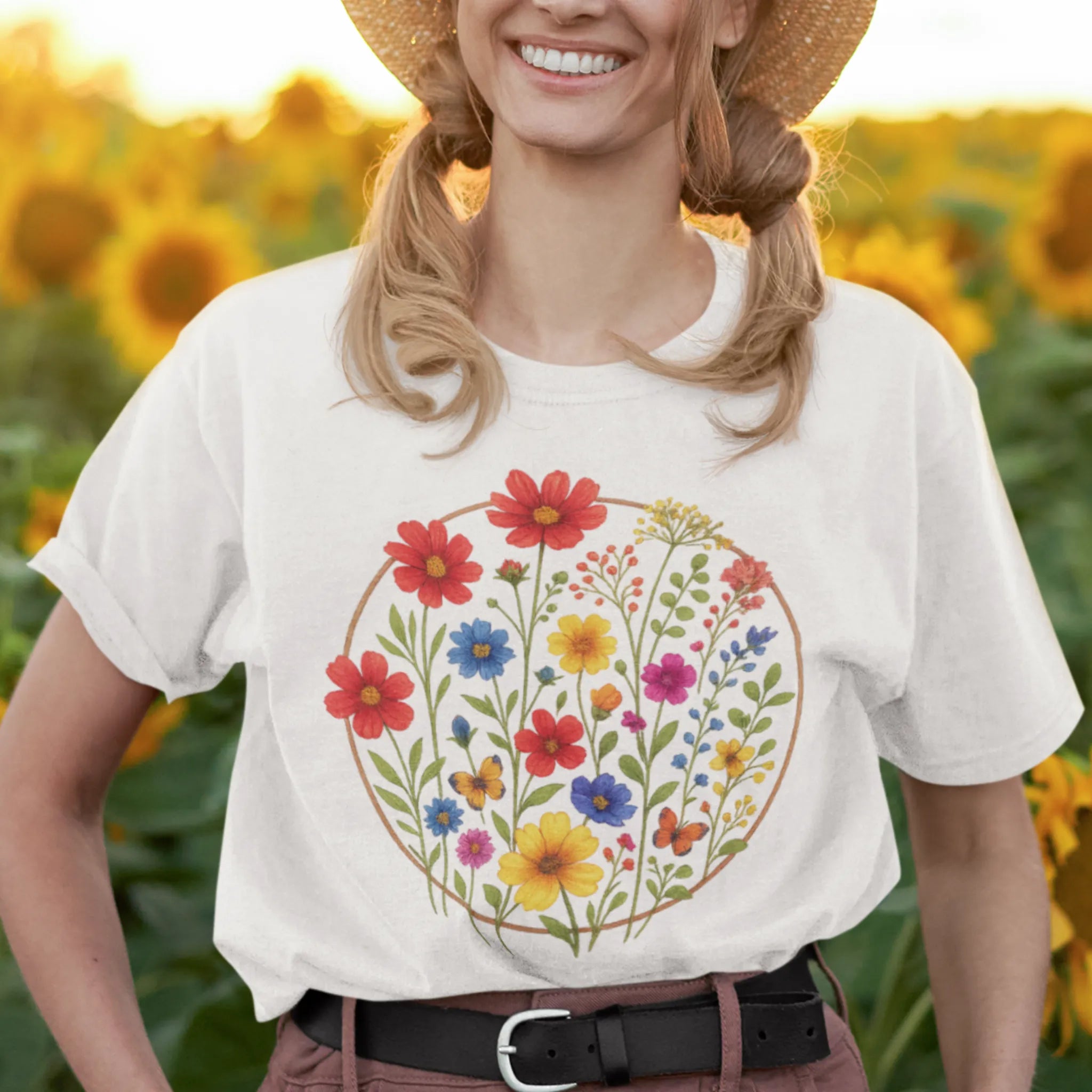 White “Circle of Flowers” T-shirt with a model wearing it. featuring a colourful circular floral design with wildflowers and butterflies, printed on soft Gildan 64000 cotton.