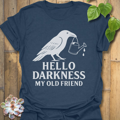 Heather Clay t-shirt featuring the design Hello Darkness printed in bold white letters, halloween lover graphic shirt.