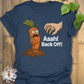 Heather Navy t-shirt featuring the design Back Off! printed in bold white letters, funny attitude shirt.