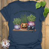 Heather Navy t-shirt featuring the design Basil, Thyme & Trouble printed in bold letters, plant and herb lover tee.