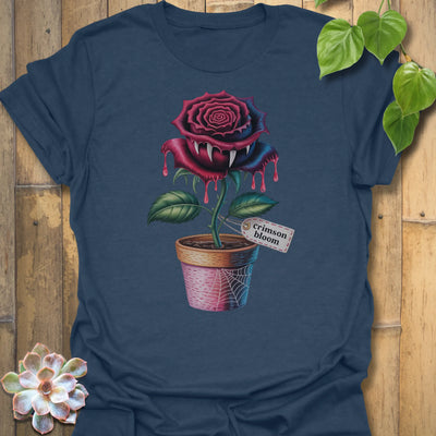 Heather Navy t-shirt featuring the design Crimson Bloom printed in halloween floral graphic tee.