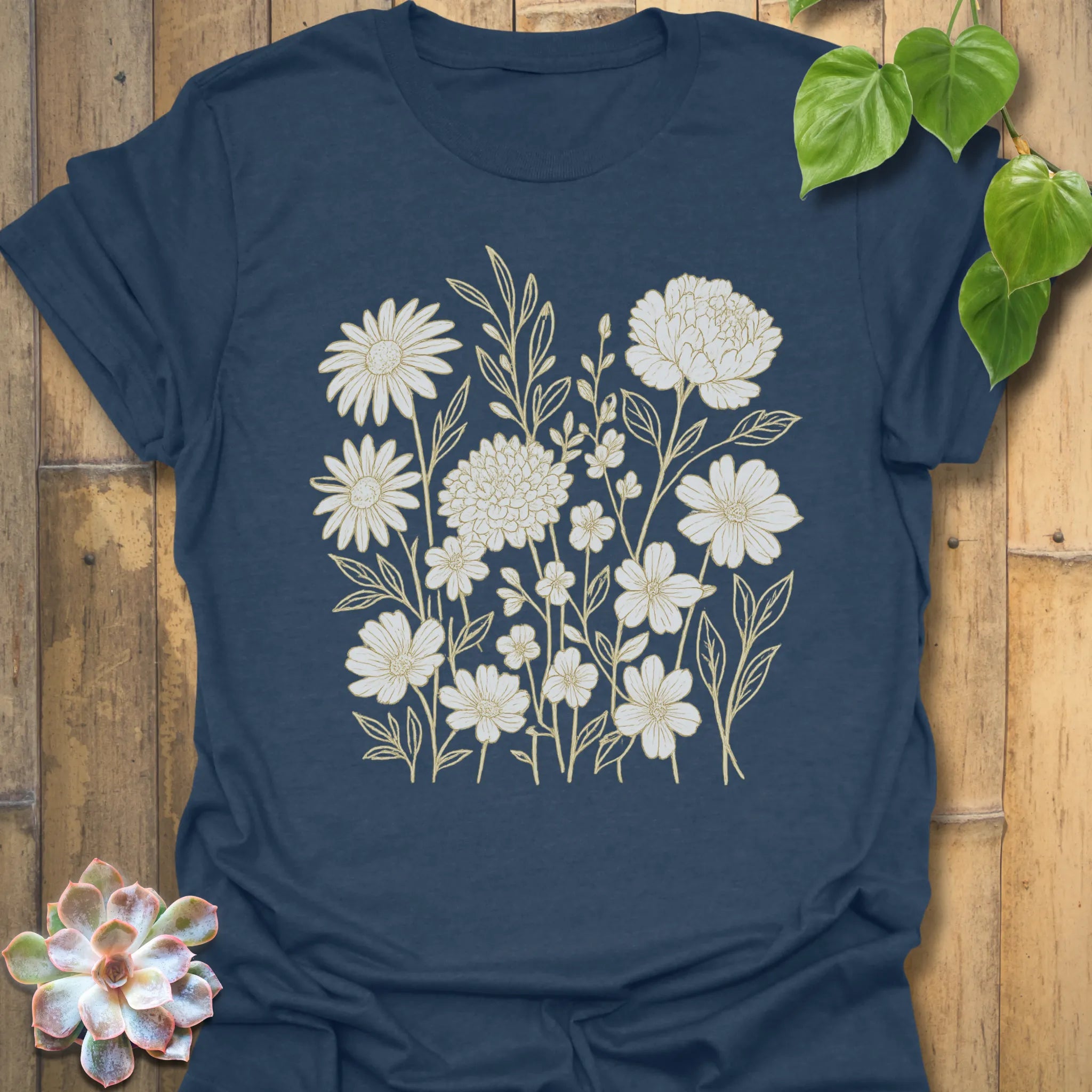 Heather Navy t-shirt featuring the design Eternal Flowers printed in floral graphic, flower lover t-shirt.