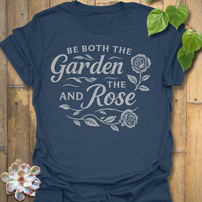 Heather Navy t-shirt featuring the design Garden And The Rose printed in soft floral tones, stylish plant lover shirt.