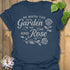 Heather Navy t-shirt featuring the design Garden And The Rose printed in soft floral tones, stylish plant lover shirt.