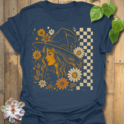 Heather Navy t-shirt featuring the design Garden Witch Vibes printed in  witchy garden shirt.