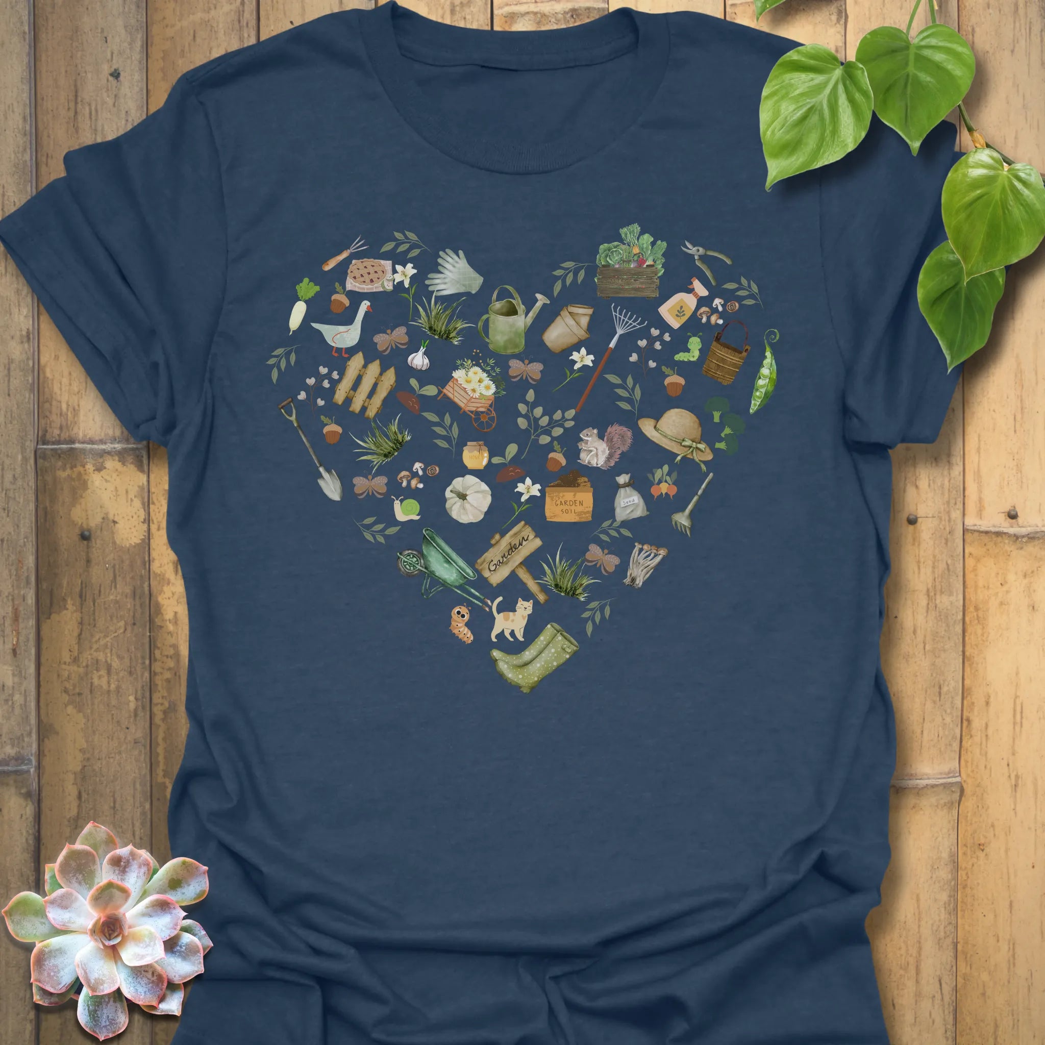 Heather Navy t-shirt featuring the design Gardening Loveheart printed in gardening graphic, perfect for plant lovers.