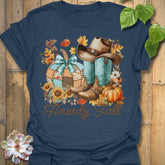 Heather Navy t-shirt featuring the design Howdy Fall printed in brown letters, cute fall aesthetic shirt.
