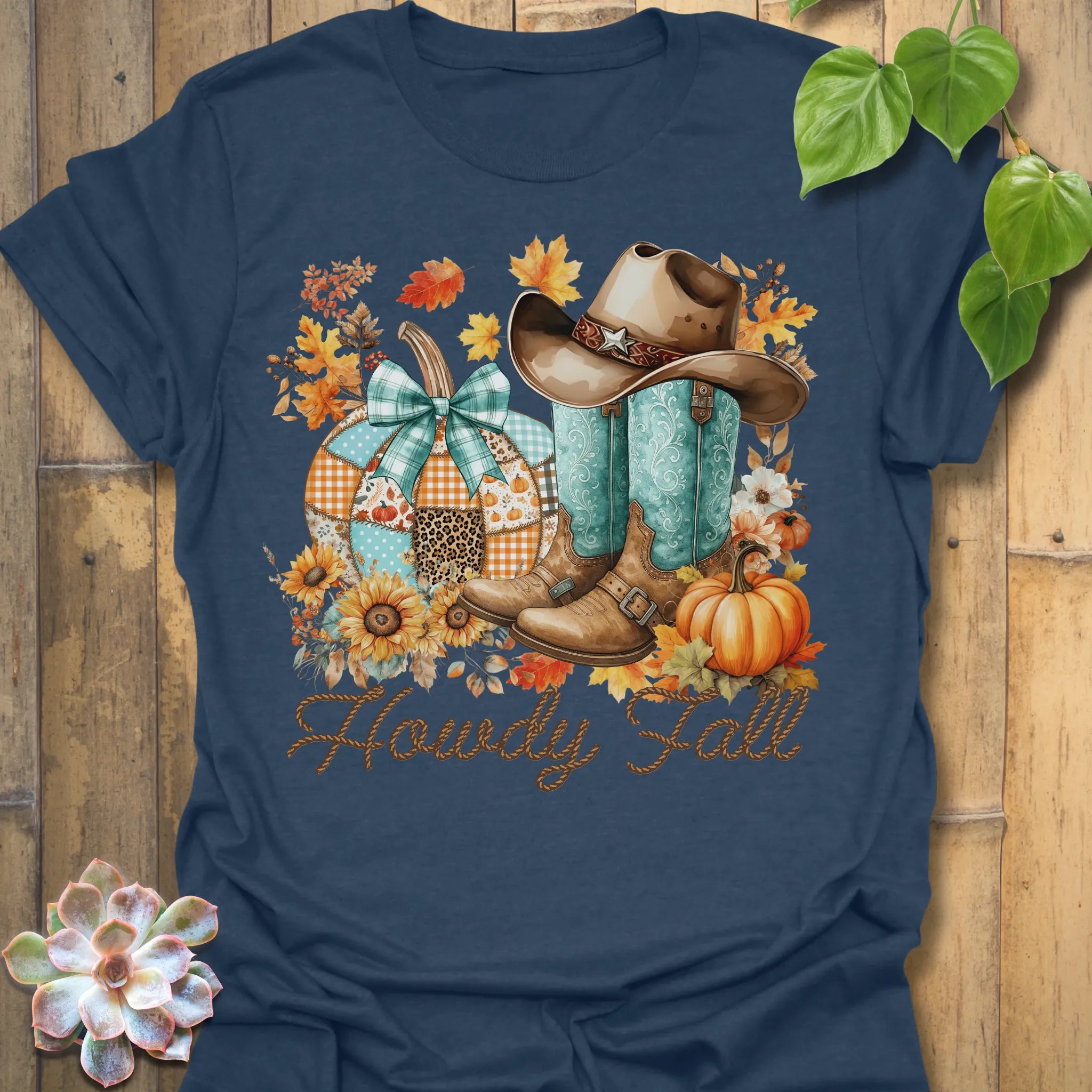Heather Navy t-shirt featuring the design Howdy Fall printed in brown letters, cute fall aesthetic shirt.