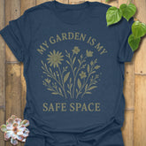 Heather Navy t-shirt featuring the design My Safe Place printed in bold letters, warm tone mindfulness shirt.