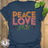 Heather Navy t-shirt featuring the design Peace Love Plant printed in bold letters, gardening lover shirt.