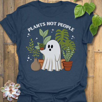 Heather Navy t-shirt featuring the design Plants Not People printed in bold white letters, halloween plant lover graphic tee.