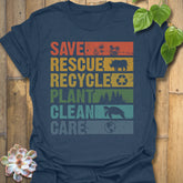 Heather Navy t-shirt featuring the design Save, Rescue printed in bold colorful letters, plants, nature, animal lover tee.