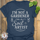 Heather Navy t-shirt featuring the design Soil Artist printed in bold letters, funny garden shirt.