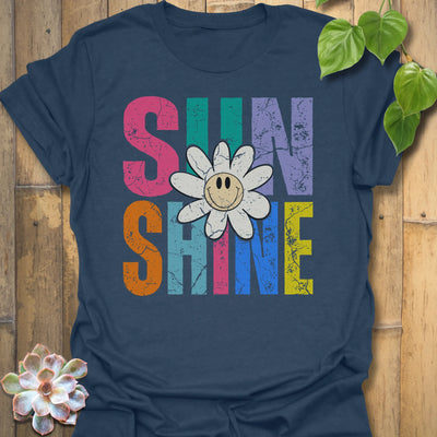Heather Navy t-shirt featuring the design Sunshine printed in bold colorful letters, funny sunflower casual summer shirt.