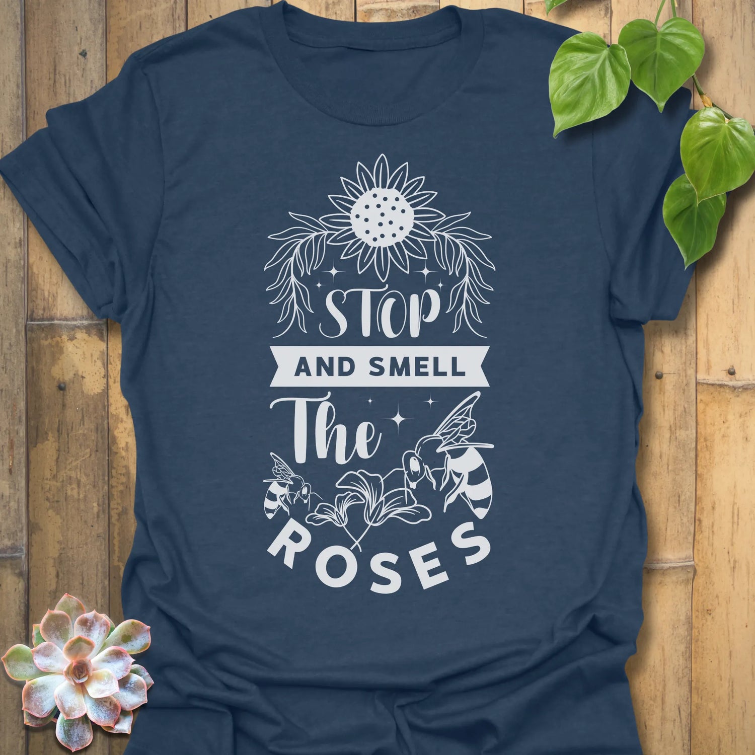 Heather Navy t-shirt featuring the design The Roses printed in artistic flower, floral graphic tee.
