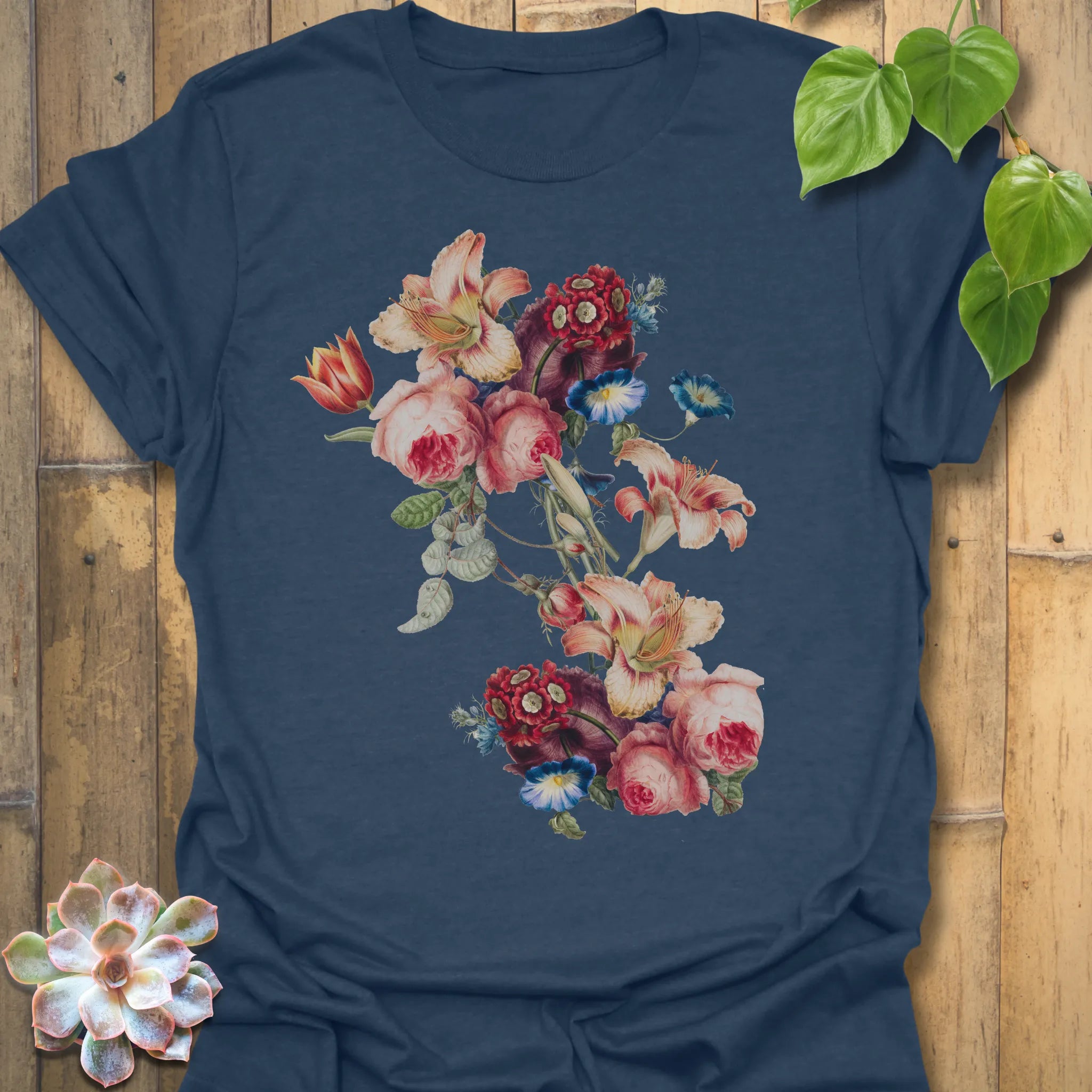 Heather Navy t-shirt featuring the design Victorian Bloom printed in elegant floral artwork, vintage flower shirt.