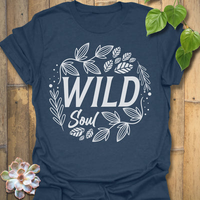 Heather Navy t-shirt featuring the design Wild Soul printed in bold white letters, nature-inspired shirt.