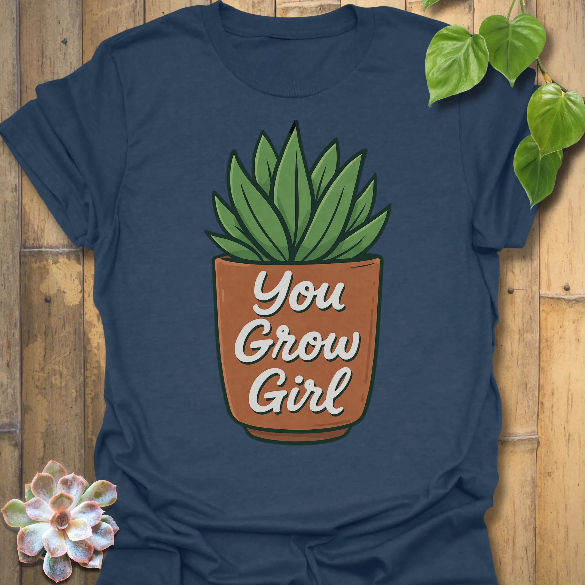 Heather Navy t-shirt featuring the design You Grow Girl printed in inspiring plant lover shirt.