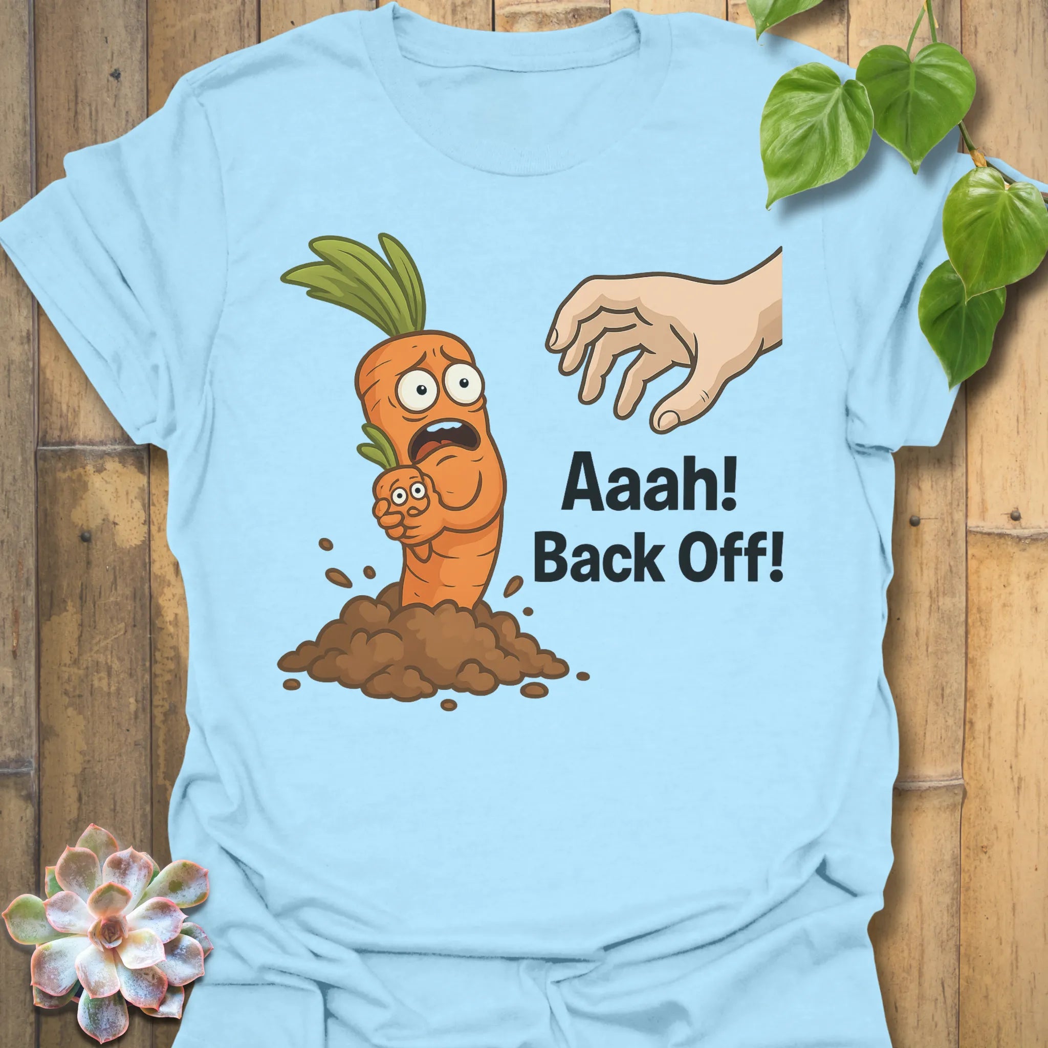 Light Blue t-shirt featuring the design Back Off! printed in bold white letters, funny attitude shirt.