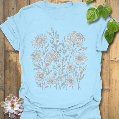 Light Blue t-shirt featuring the design Eternal Flowers printed in floral graphic, flower lover t-shirt.