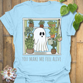Light Blue t-shirt featuring the design Feel Alive printed halloween motivational graphic tee.