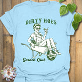 Light Blue t-shirt featuring the design Garden Club printed in bold green letters, garden lover t-shirt.