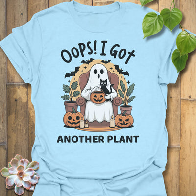Light Blue t-shirt featuring the design Got Another Plant printed in bold black letters, halloween gardening tee.