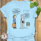 Light Blue t-shirt featuring the design Halloween Costume printed in bold letters, stylish Halloween top.