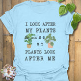Light Blue t-shirt featuring the design “I look after My Plants and my plants look after me” nature lover shirt.