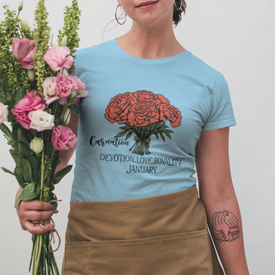 Light Blue t-shirt featuring the design January Carnation with a print of rose flower, a botanical rose flower shirt perfect for floral art lovers.