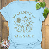 Light Blue t-shirt featuring the design My Safe Place printed in bold letters, warm tone mindfulness shirt.