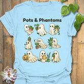 Light Blue t-shirt featuring the design Pots & Phantom printed in bold black letters, halloween graphic shirt