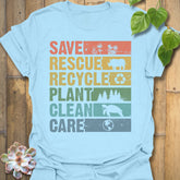 Light Blue t-shirt featuring the design Save, Rescue printed in bold colorful letters, plants, nature, animal lover tee.