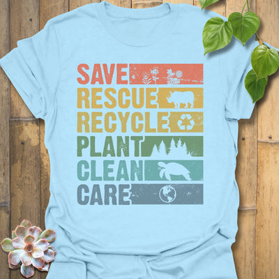 Light Blue t-shirt featuring the design Save, Rescue printed in bold colorful letters, plants, nature, animal lover tee.