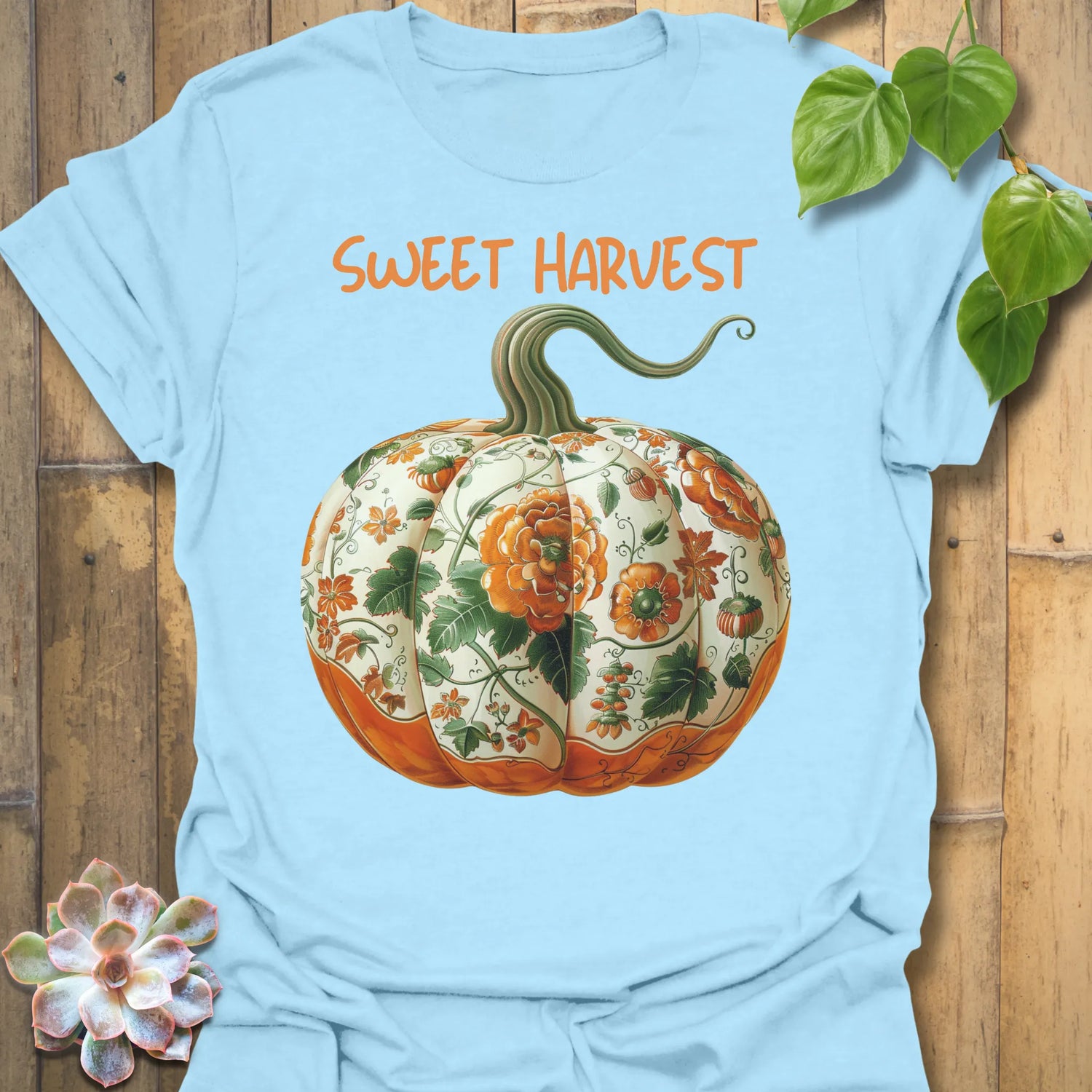 Light Blue t-shirt featuring the design Sweet Harvest printed in rustic harvest graphic tee.