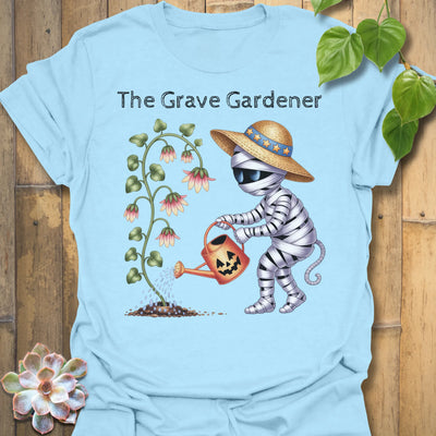 Light Blue t-shirt featuring the design The Grave Gardener printed in halloween plant shirt.