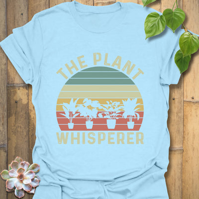 Light Blue t-shirt featuring the design The Plant Whisperer with a plant in a pot, a fun gardening shirt for gardeners