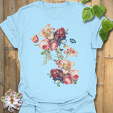 Light Blue t-shirt featuring the design Victorian Bloom printed in elegant floral artwork, vintage flower shirt.