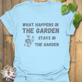 Light Blue t-shirt featuring the design What Happens in the Garden Stays in the Garden, casual garden graphic tee.